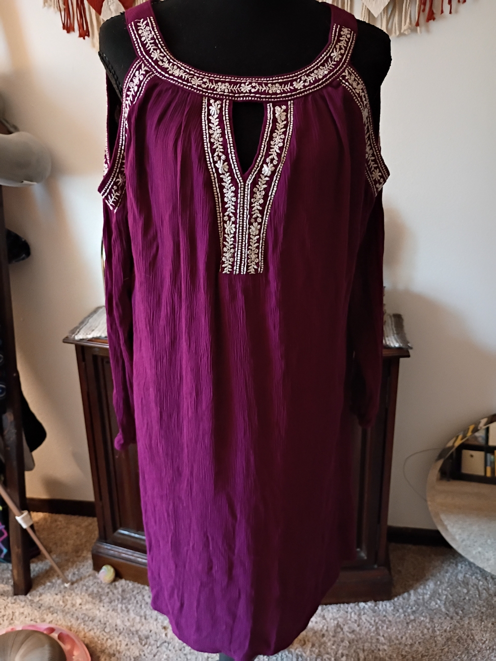 Time and Tru Plum Cold-Shoulder Embroidered Shift Dress